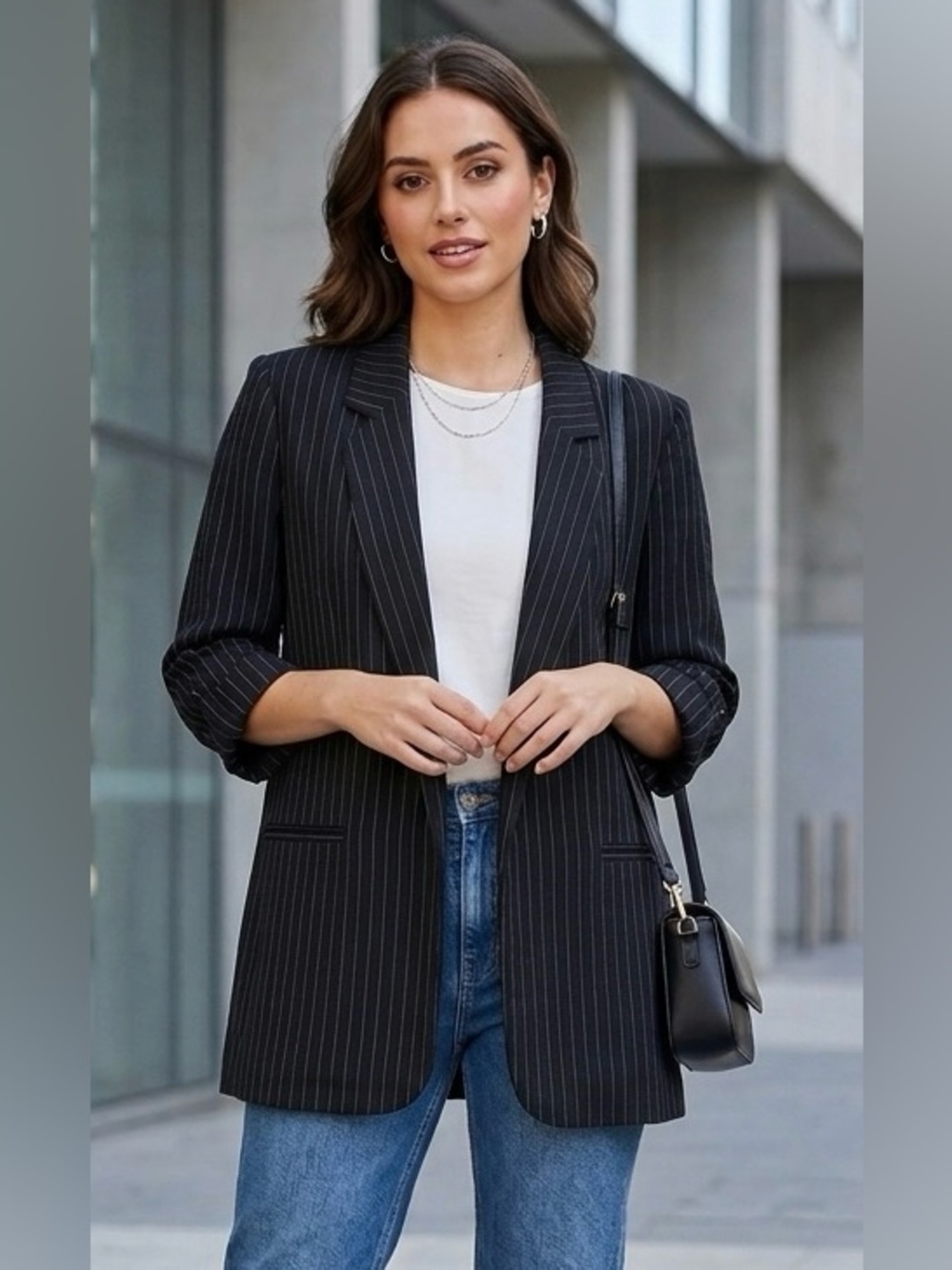 The Archives Beulah Black Pinstripe Open Front Blazer 3/4 Roll Tab Sleeve Small